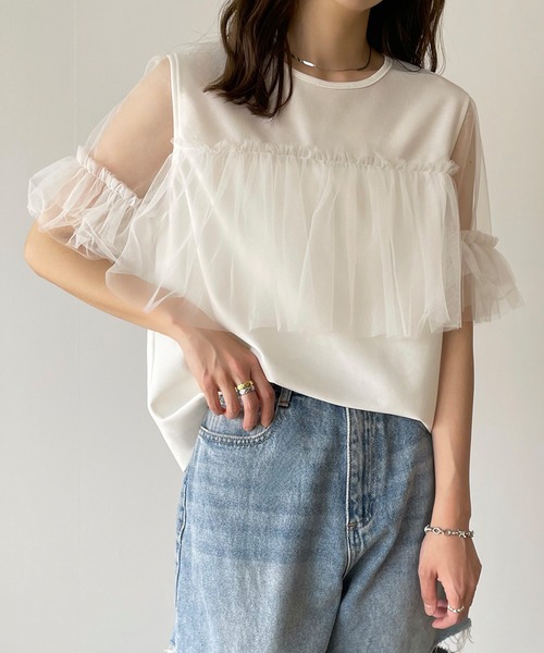 JUNOAH tシャツ チュールドッキングシアーフリルスリーブ