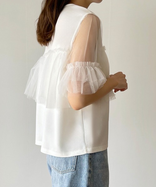 JUNOAH tシャツ チュールドッキングシアーフリルスリーブ