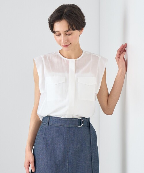 ブラウス シャツ シアーオーガンジーポケット付き ブラウス レディース ANAYI ブラウス シャツ シアーオーガンジーポケット付き