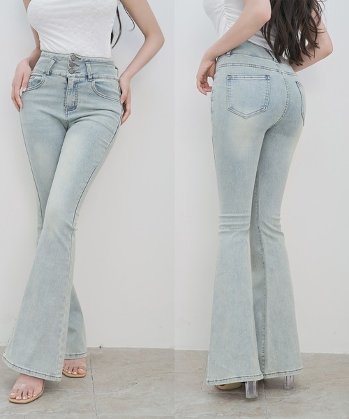 フレアデニム VEILA ジーンズ デニム デニムパンツ 3つボタンハイライズフレア