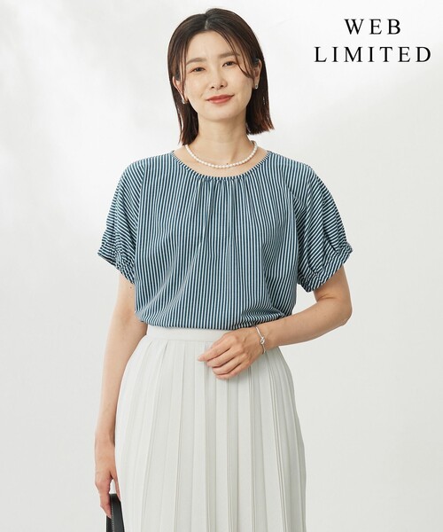 tシャツ 「WEB限定カラーあり・洗える」ストライプジャージー フレンチスリーブ カットソー レディース