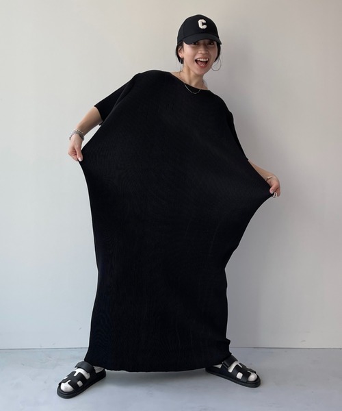 wee9s ワンピース daily super stretch crew neck pleats one