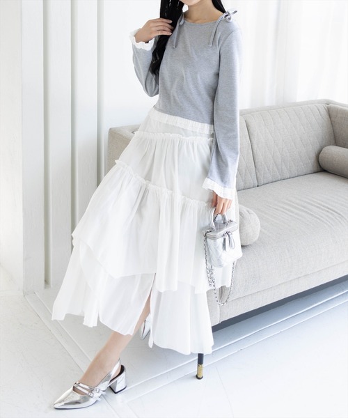 clear tシャツ 裾袖コットンフリルカットソー「韓国ファッション