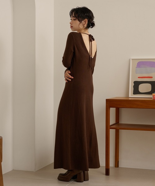 ワンピース back open ribbon knit one piece /バックオープンリボン