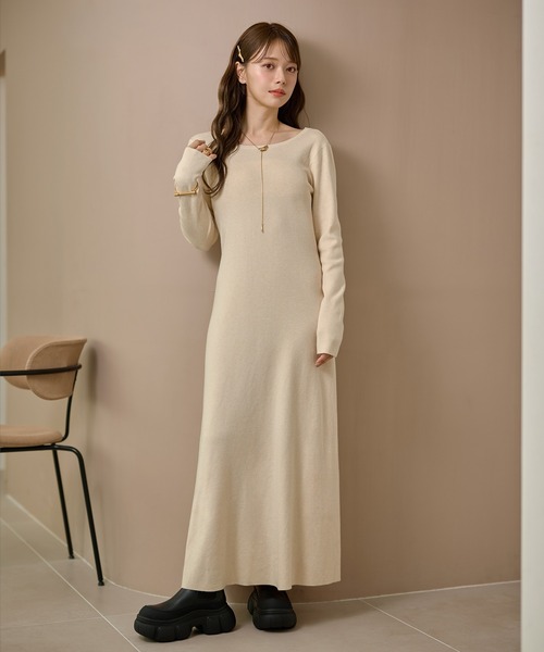 ワンピース back open ribbon knit one piece /バックオープンリボン