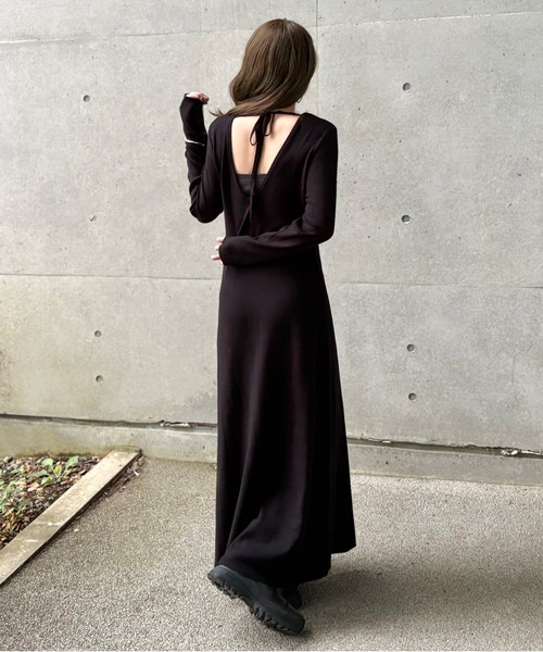 ワンピース back open ribbon knit one piece /バックオープンリボン