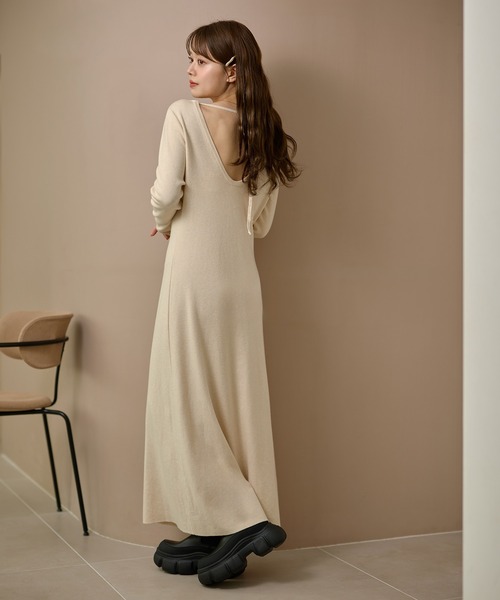 ワンピース back open ribbon knit one piece /バックオープンリボン