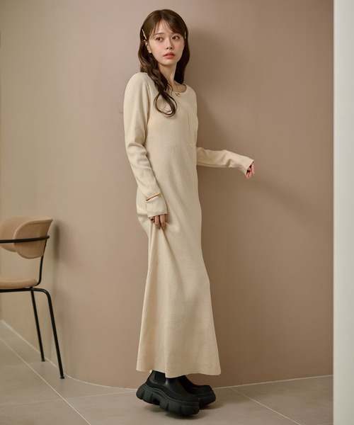 ワンピース back open ribbon knit one piece /バックオープンリボン