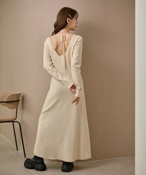 ワンピース back open ribbon knit one piece /バックオープンリボン