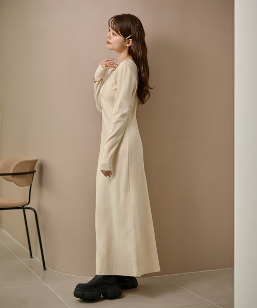 ワンピース back open ribbon knit one piece /バックオープンリボン