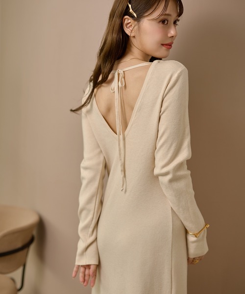 ワンピース back open ribbon knit one piece /バックオープンリボン