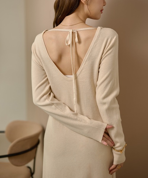 レディース BACK RIBBON KNIT DRESS バックリボンニットドレス 白 M