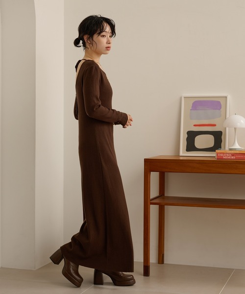 ワンピース back open ribbon knit one piece /バックオープンリボン