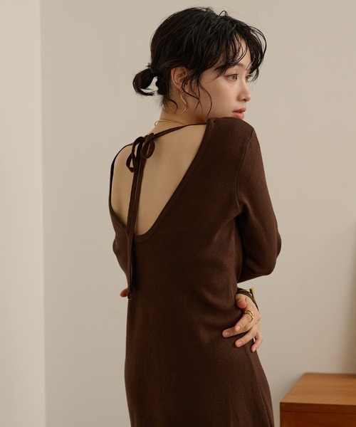 ワンピース back open ribbon knit one piece /バックオープンリボン