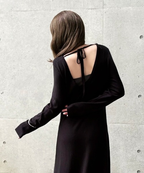 ワンピース back open ribbon knit one piece /バックオープンリボン