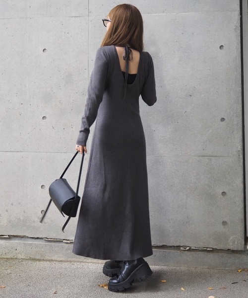 ワンピース back open ribbon knit one piece /バックオープンリボン