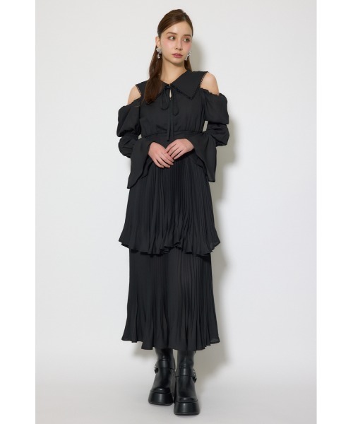ワンピース ビッグカラープリーツフレアワンピース 春服の画像