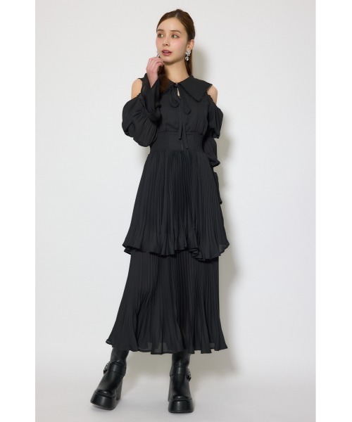 ワンピース ビッグカラープリーツフレアワンピース 春服の画像