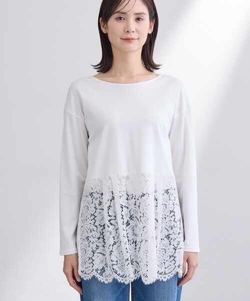 INDIVI【レイヤードにおすすめ】レース切り替えカットソー　38号白 レイヤードにおすすめ】レース切り替えカットソー（カットソー