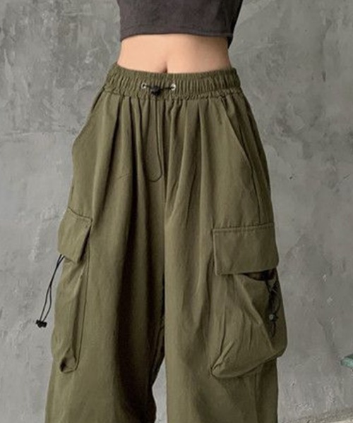 ワイドパンツ カーゴパンツ ウエストゴムカーゴパンツ レディース