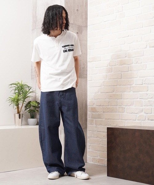 ワイドパンツ ジーンズ リップデニム＆ヒッコリー バレルレッグパンツ