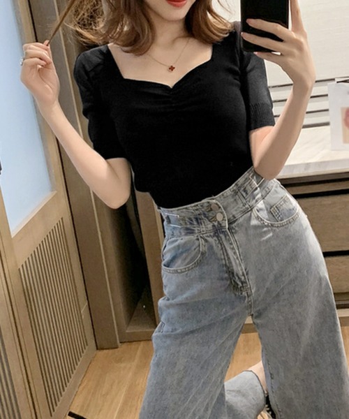 tシャツ フロント ギャザー 半袖 サマーニット プルオーバー