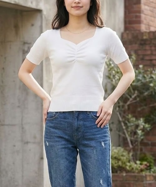 tシャツ 半袖 フロント ギャザー サマーニット プルオーバー