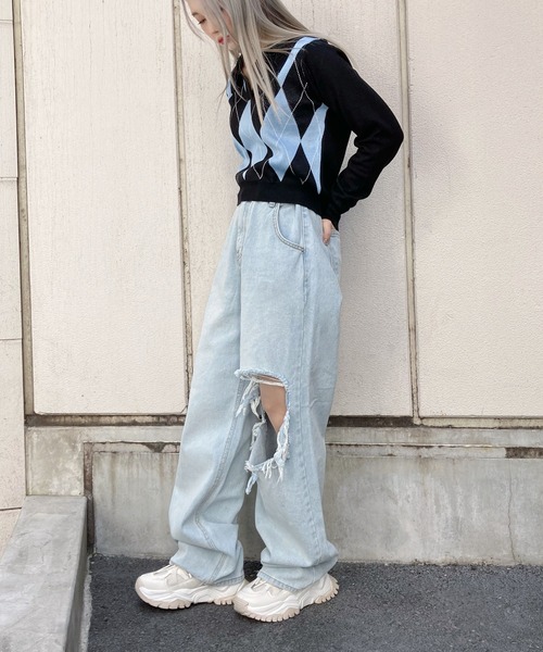 パンツ デニム ジーンズ ダメージワイドデニムパンツ レディース