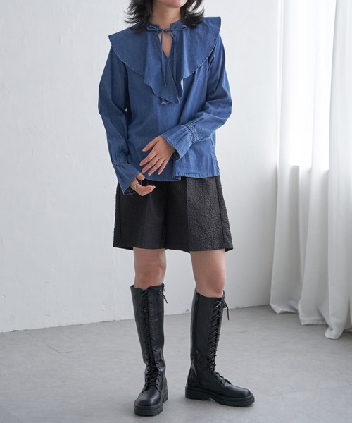 VENCE EXCHANGE ブラウス シャツ デニムラッフルカラーシャツ