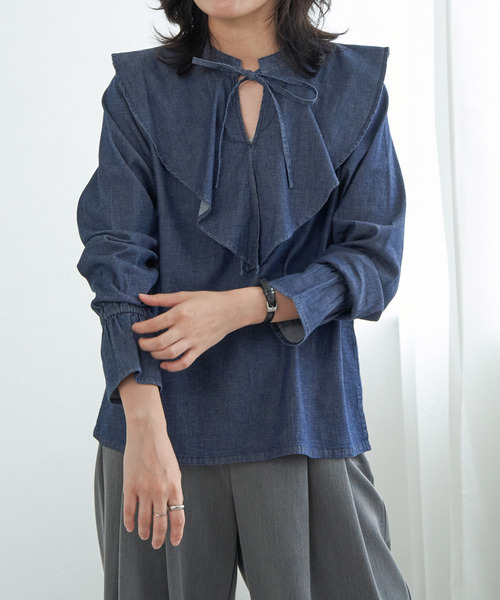VENCE EXCHANGE ブラウス シャツ デニムラッフルカラーシャツ 