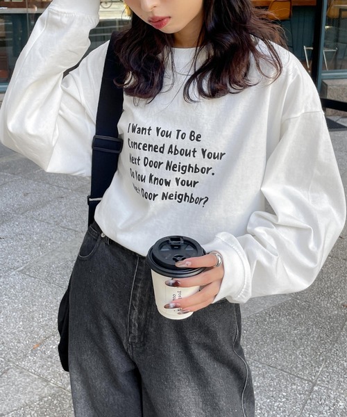 Dレディース　カジュアルロングTシャツ　プリント柄　英文字　白　黒　aw tシャツ 「低身長用サイズあり」CAT英字プリントロンT／長袖T