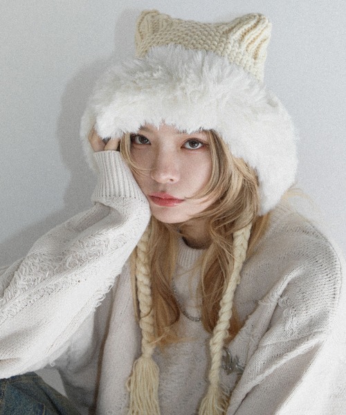 ニット帽 ニットキャップ Buyer's Select/畦編みボリューム猫耳