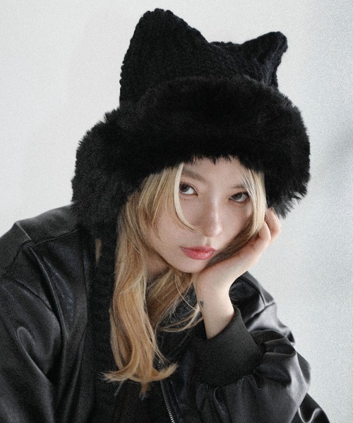 ニット帽 ニットキャップ Buyer's Select/畦編みボリューム猫耳