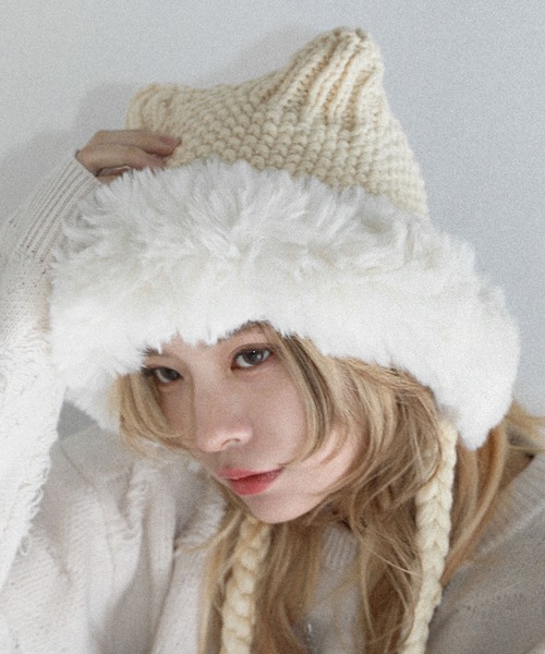 ニット帽 ニットキャップ Buyer's Select/畦編みボリューム猫耳