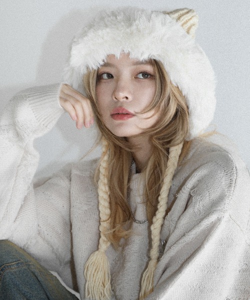 ニット帽 ニットキャップ Buyer's Select/畦編みボリューム猫耳