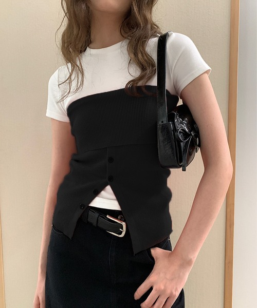 チューブトップ ベアトップ button lib knit bustier SUWDEE チューブトップ ベアトップ button lib knit bustier