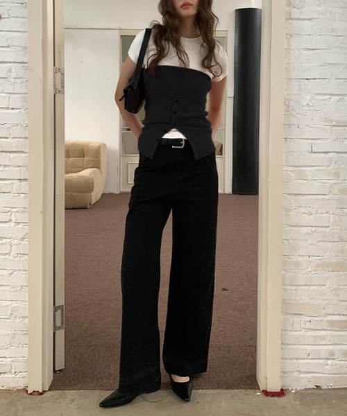 チューブトップ ベアトップ button lib knit bustier SUWDEE チューブトップ ベアトップ button lib knit bustier