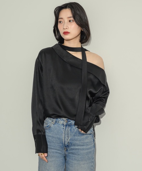 ブラウス シャツ 2wayサテンワンショルブラウス レディース NEUNA ブラウス シャツ 2wayサテンワンショルブラウス