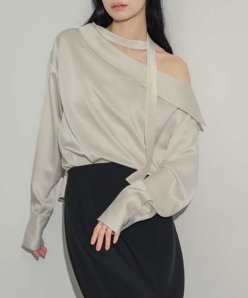 ブラウス シャツ 2wayサテンワンショルブラウス レディース NEUNA ブラウス シャツ 2wayサテンワンショルブラウス