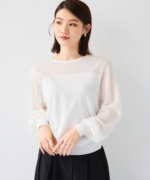 Rene シアー素材　パフスリーブ　ホワイト　ニット　36 CROSS FUNCTION（クロスファンクション） ニット セーター 「洗える