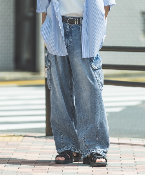 ライトブルー カーゴパンツ RAGEBLUE ジーンズ ライトデニムワイドカーゴパンツ