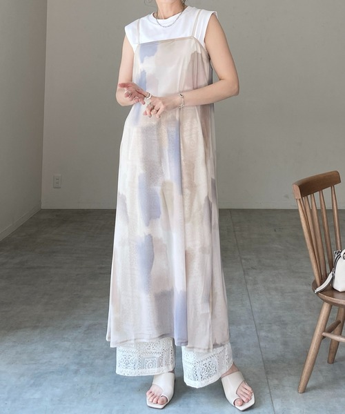 CHICWISH(シックウィッシュ)｜水彩メッシュキャミワンピース She's Closet ワンピース 水彩ニュアンス柄ロング丈メッシュ