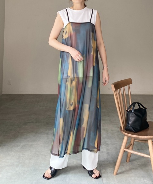 She's Closet ワンピース 水彩ニュアンス柄ロング丈メッシュ