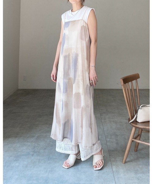She's Closet ワンピース 水彩ニュアンス柄 ロング丈 メッシュチュール