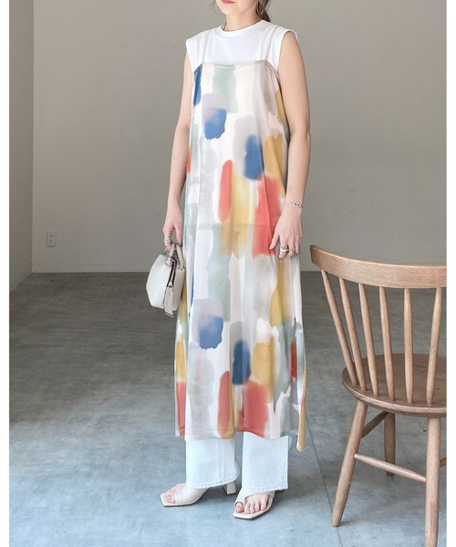 She's Closet ワンピース 水彩ニュアンス柄 ロング丈 メッシュチュール