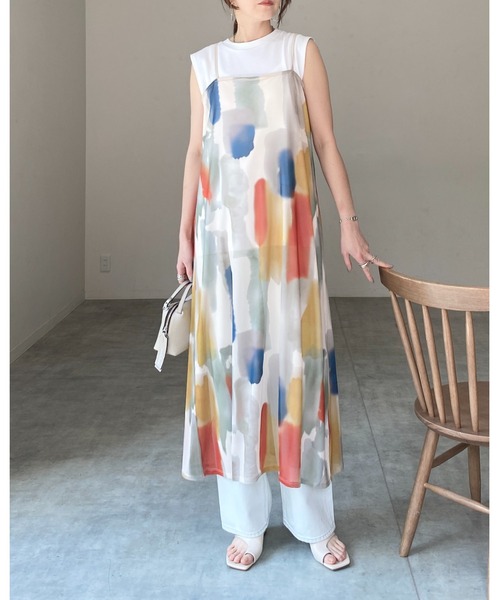 She's Closet ワンピース 水彩ニュアンス柄ロング丈メッシュ