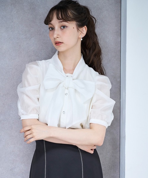 ブラウス シャツ 2025春夏新作 ビジュー釦シアーボウタイブラウス レディース