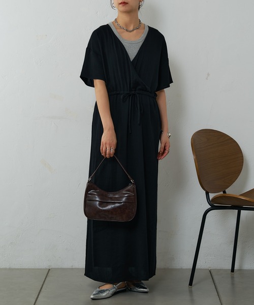 CASA FLINE リネン混アシンメトリーカシュクールワンピース ブラック CASA FLINE リネン混アシンメトリーカシュクールワンピース