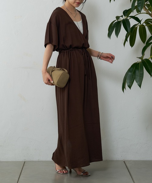 CASA FLINE リネン混アシンメトリーカシュクールワンピース ブラック CASA FLINE リネン混アシンメトリーカシュクールワンピース
