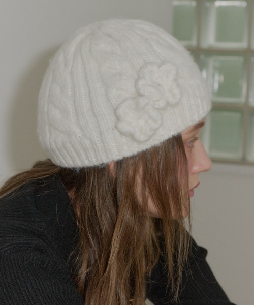 GIUNON ニット帽 ニットキャップ flower cable knit cap / フラワー